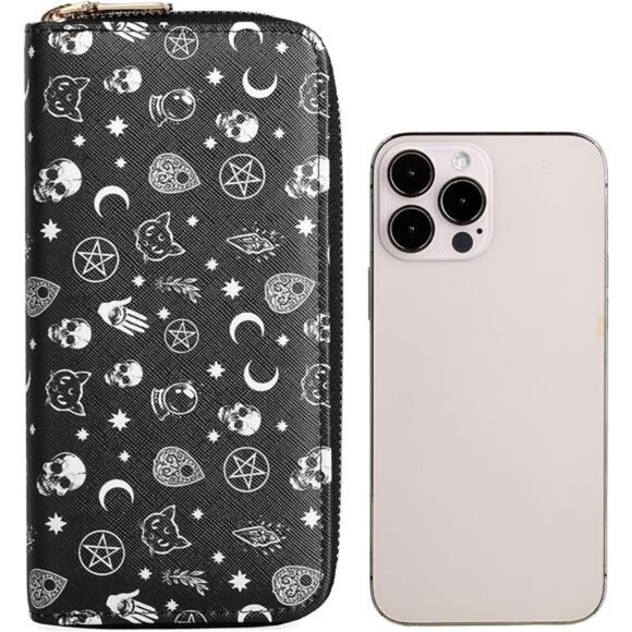 Halloween Skull Wallets for Women Large Capacity 2 Zipper Around Gothic Wallet - Picture 4 of 7